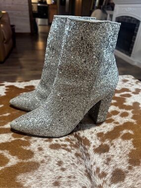 Silver Glitter Pointed Toe Block Heel Ankle Boots